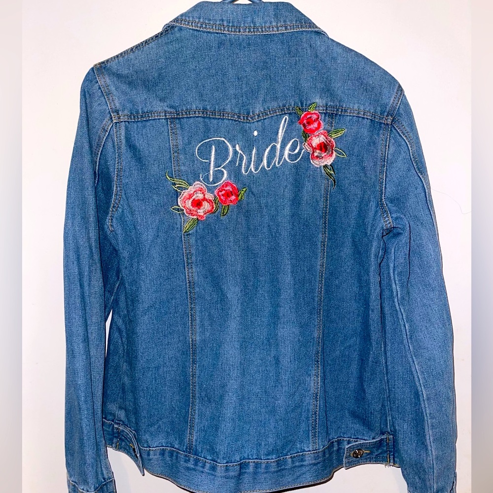 embroidered bride jean jacket with flowers.